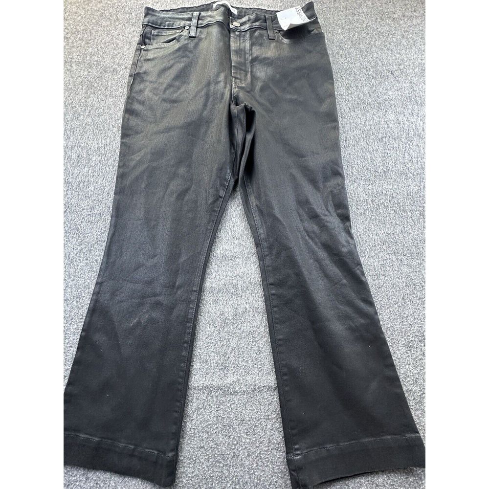 Nine West Jeans Womens 14 Black Kick Flare Coated Shiny High Rise‎ Stretch NEW